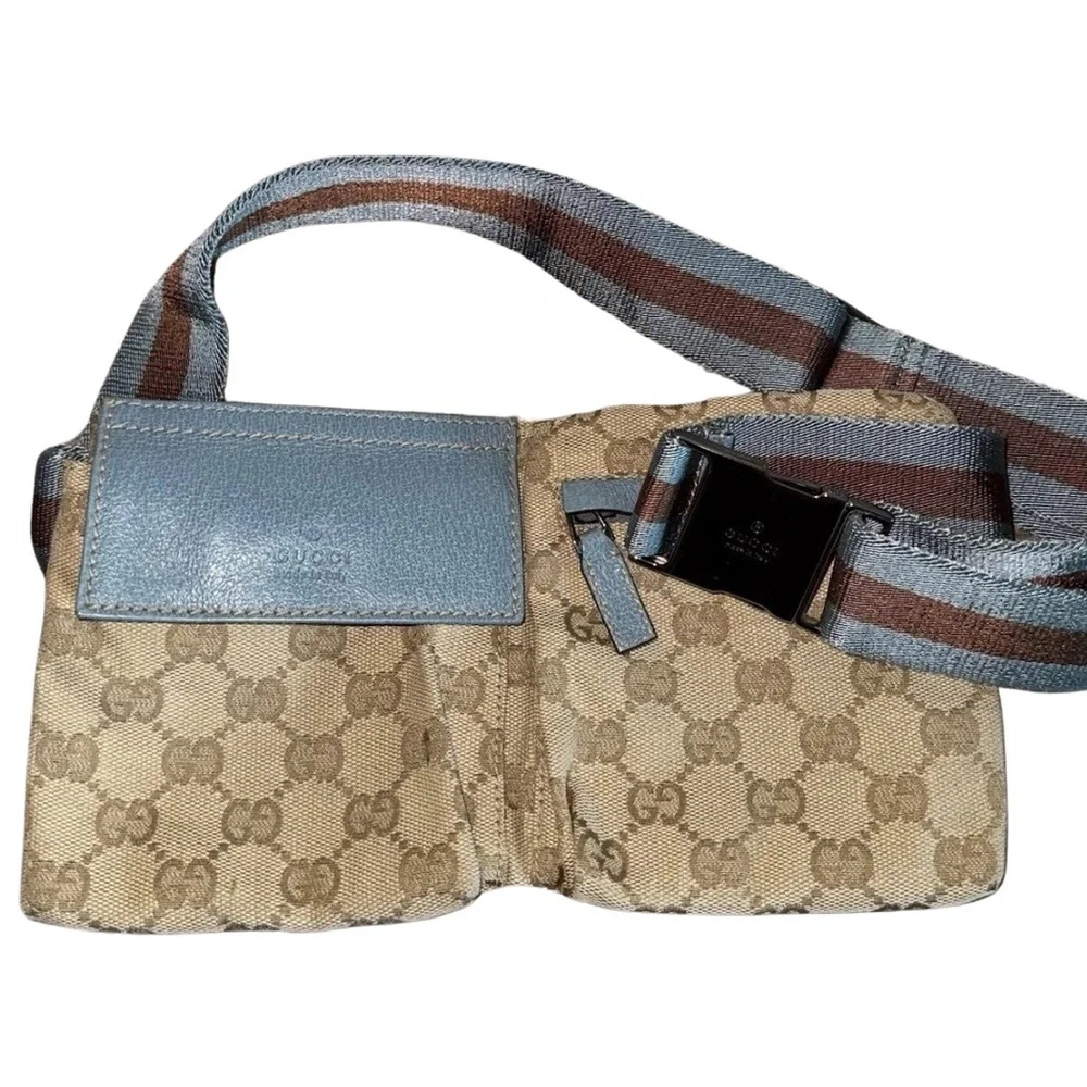 Gucci GG Monogram Web Double Pocket Belt Bag Ice Blue RARE color 162962-497717 - Picture 1 of 16